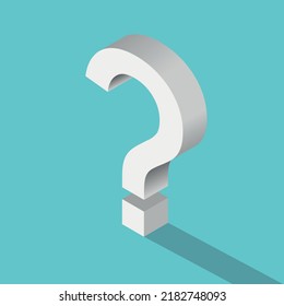 Isometric white question mark with long shadow on turquoise blue. Support, problem, indecision, help