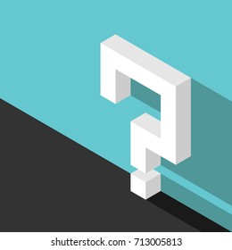 Isometric white question mark with long shadow beside turquoise blue wall on black floor. Doubt, problem, help, challenge and confusion concept. EPS 8 vector illustration, no transparency,no gradients