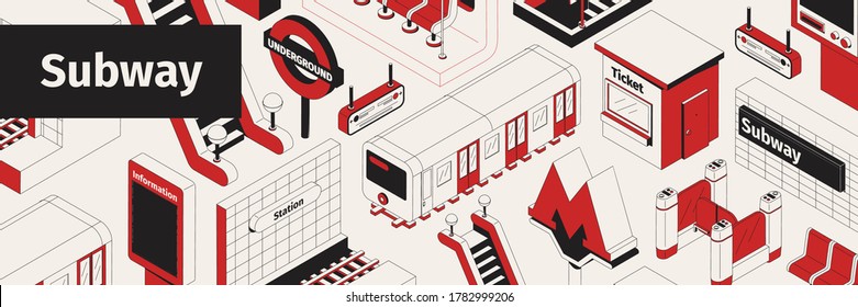 Isometric white red and black seamless pattern with subway trains ticket barrier escalator 3d vector illustration