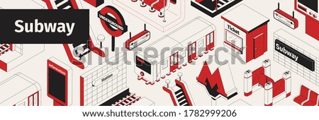 Isometric white red and black seamless pattern with subway trains ticket barrier escalator 3d vector illustration