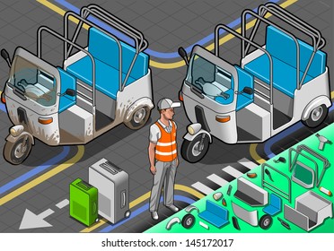 Isometric White Rickshaw in Front View. 