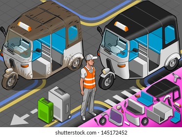 Isometric White Rickshaw in Front View. 