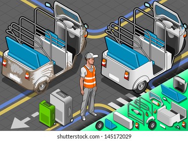 Isometric White Rickshaw in Rear View. 