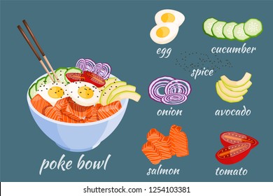 Isometric White round poke bowl with salmon, avocado, rice and onion ring, tomato on a white background. Trend Hawaiian food. Vector illustration of healthy food.