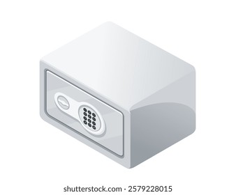 Isometric, white safety box with a numeric keypad lock. Rectangular shape with a metallic surface. Modern lockbox. Clean and simple design. Vector illustration isolated on white background