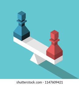 Isometric white scales weighing blue and red colorful chess pawns. Hiring, choice, job and justice concept. Flat design. Vector illustration, no transparency, no gradients