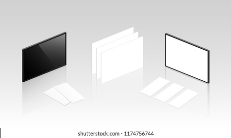 Isometric White Screen. Vertical Flyers Isometria. 4k With Screen Mockup