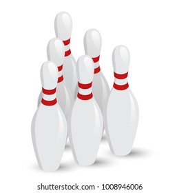 Isometric White skittles for bowling. Vector illustration Bowling pin with red stripes.