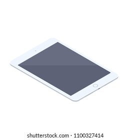 Isometric white tablet isolated illustration. Technology and computing design element. Horizontally oriented tablet pad with locked display vector isometric 3d cartoon on white background.