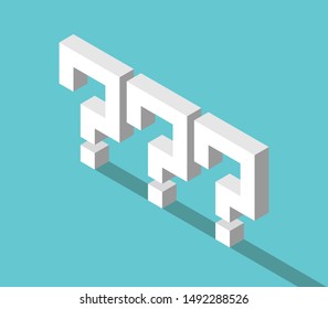 Isometric white triple question mark with long shadow on turquoise blue. Asking, problem, doubt, confusion, indecision and help concept. EPS 8 vector illustration, no transparency, no gradients