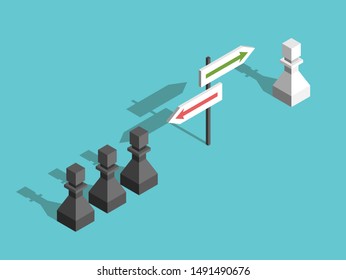Isometric white unique chess pawn going in its own different direction and many white ones. Uniqueness, courage and difference concept. EPS 8 vector illustration, no transparency, no gradients