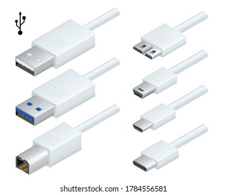 Isometric white usb types port plug in cables set with realistic connectors. Connector and ports. USB type A, type B, type C, Micro, Mini, MicroB and type 3.0