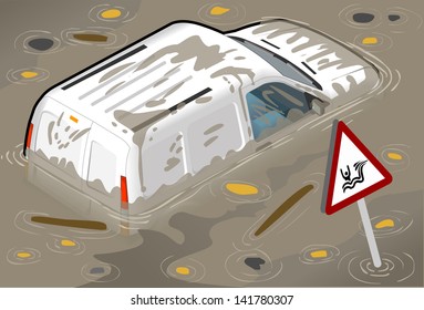 Isometric White Van Flooded in rear view