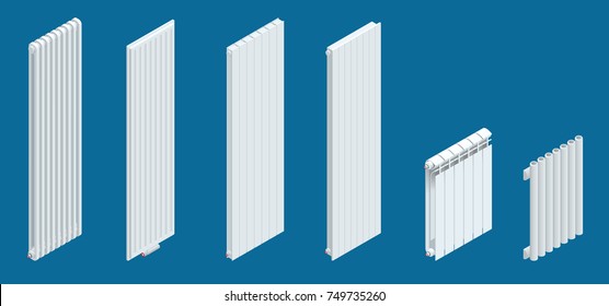 Isometric white vertical Heaters or Radiators. Home climate equipment icon with controls. Can be used for advertisement, infographics