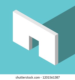 Isometric white wall with open door way on turquoise blue background. Opportunity, freedom and imagination concept. Flat design. Vector illustration, no transparency, no gradients