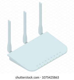 Enrutador inalámbrico wi-fi isométrico blanco con tres antenas. Icono de diseño plano para conexión a Internet de alta velocidad.