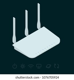 Enrutador inalámbrico wi-fi isométrico blanco con tres antenas. Icono de diseño plano para conexión a Internet de alta velocidad.

