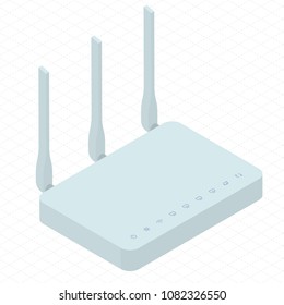 Isometric white wireless wi-fi router with three antennas. Flat design icon for high speed internet connection.
