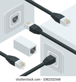 Isometric white wireless wi-fi router with  network internet data connectors. Flat design icon for high speed internet connection.
