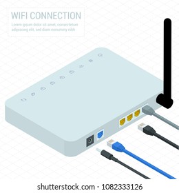 Isometric white wireless wi-fi router with three antennas and network internet data connectors. Flat design icon for high speed internet connection.
