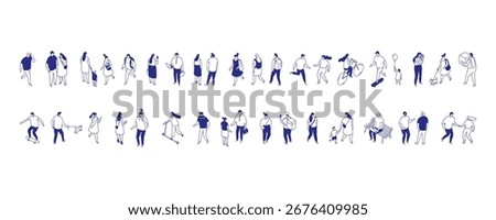 Isometric wide panoramic crowd banner with blue monochrome outline style, diverse people walking, cycling, playing, families, delivery, casual lifestyle for infographics and design.