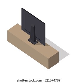 Isometric wide screen TV on brown stand. LCD TV monitor back view. Isometric room interior element with shadow in flat. Smart TV Mock-up. LED TV. Plasma TV. Furniture element for home interior.