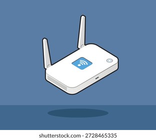 Isometrische Wi-Fi-Router-Vektorgrafik, die moderne Netzwerkhardware zeigt, die perfekt für Technologie, Konnektivität, Heimnetzwerke und Büronetzwerke geeignet ist.