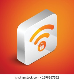 Isometric Wifi locked sign icon isolated on orange background. Password Wi-fi symbol. Wireless Network icon. Wifi zone. Silver square button. Vector Illustration