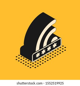 Isometric Wifi locked sign icon isolated on yellow background. Password wi-fi symbol. Wireless Network icon. Wifi zone. Limited access.  Vector Illustration