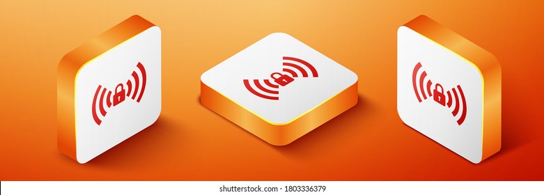 Isometric Wifi locked sign icon isolated on orange background. Password Wi-fi symbol. Wireless Network icon. Wifi zone. Orange square button. Vector.