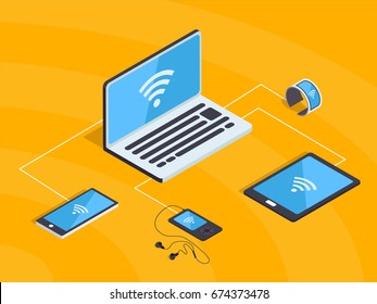 Isometric wifi network with smart gadgets. Synchronization cloud technology and internet wireless connection with icons of smartphone, laptop, mp3 player, smartwatch.