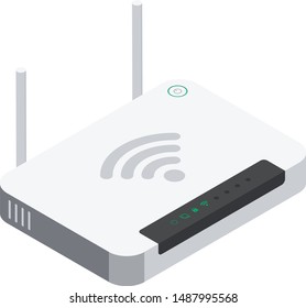 Isometric wi-fi router with two antennas and power button. Vector illustration isolated on white background.