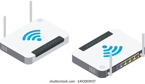 Isometric wi-fi router with two antennas isolated on white background. High speed network technology. 3D vector illustration