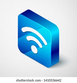 Isometric Wi-Fi wireless internet network symbol icon isolated on white background. Blue square button. Vector Illustration