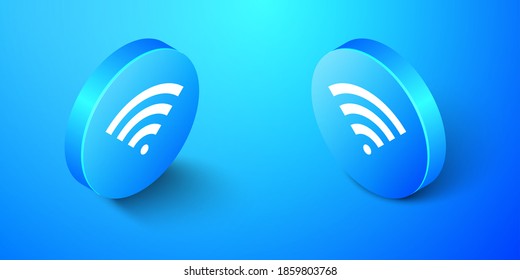 Isometric Wi-Fi wireless internet network symbol icon isolated on blue background. Blue circle button. Vector.