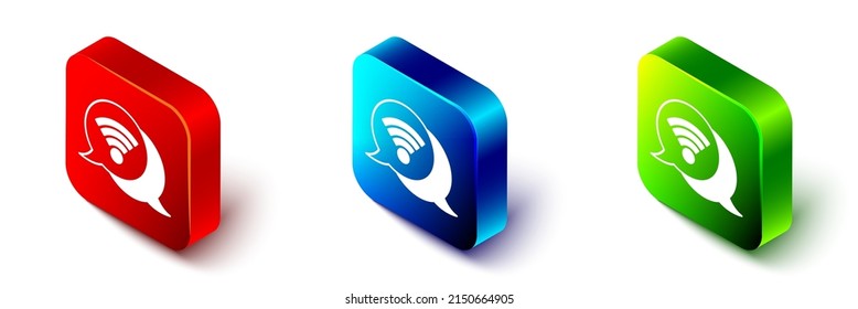 Isometric Wi-Fi inalámbrico de Internet símbolo icono aislado en fondo blanco. Botón cuadrado rojo, azul y verde. Vector