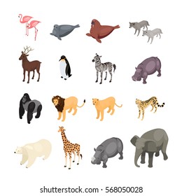 Isometric wild animals isolated on white background. Set of wild animals from various climatic zones. Vector illustration.