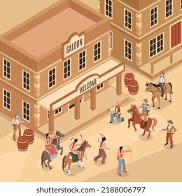 Escena isométrica del oeste salvaje con nativos americanos contra vaqueros frente al edificio de salón ilustración vectorial