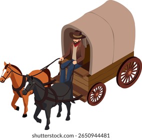 Isometric Wild West Wagon with Cowboy and Horses  Vintage Western Transport Illustration