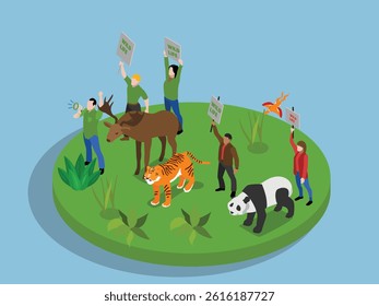 Isometric Wildlife Conservation Concept with Activists and Endangered Animals 3d flat vector illustrations