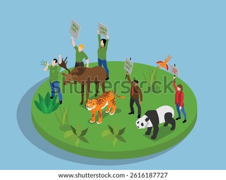 Isometric Wildlife Conservation Concept with Activists and Endangered Animals 3d flat vector illustrations