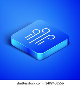 Isometric Wind icon isolated on blue background. Windy weather. Blue square button. Vector Illustration