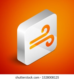 Isometric Wind icon isolated on orange background. Windy weather. Silver square button. Vector Illustration