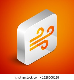 Isometric Wind icon isolated on orange background. Windy weather. Silver square button. Vector Illustration