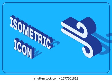 Isometric Wind icon isolated on blue background. Windy weather.  Vector Illustration