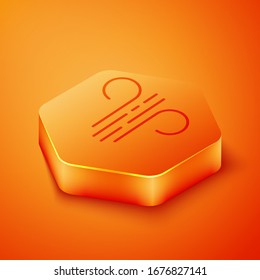 Isometric Wind icon isolated on orange background. Windy weather. Orange hexagon button. Vector Illustration