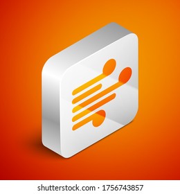 Isometric Wind icono aislado en el fondo naranja. El clima ventoso. Botón cuadrado plateado. Ilustración vectorial