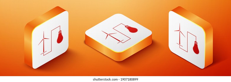 Isometric Wind mill turbine generating power energy and bulb icon isolated on orange background. Natural renewable energy production using wind mills. Orange square button. Vector.