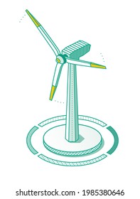 Planta de energía eólica isométrica aislada en fondo blanco. Ilustración vectorial. La Turbina Eólica Genera Energía Limpia. Elemento Infográfico de contorno.