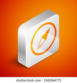 Isometric Wind rose icon isolated on orange background. Compass icon for travel. Navigation design. Silver square button. Vector Illustration